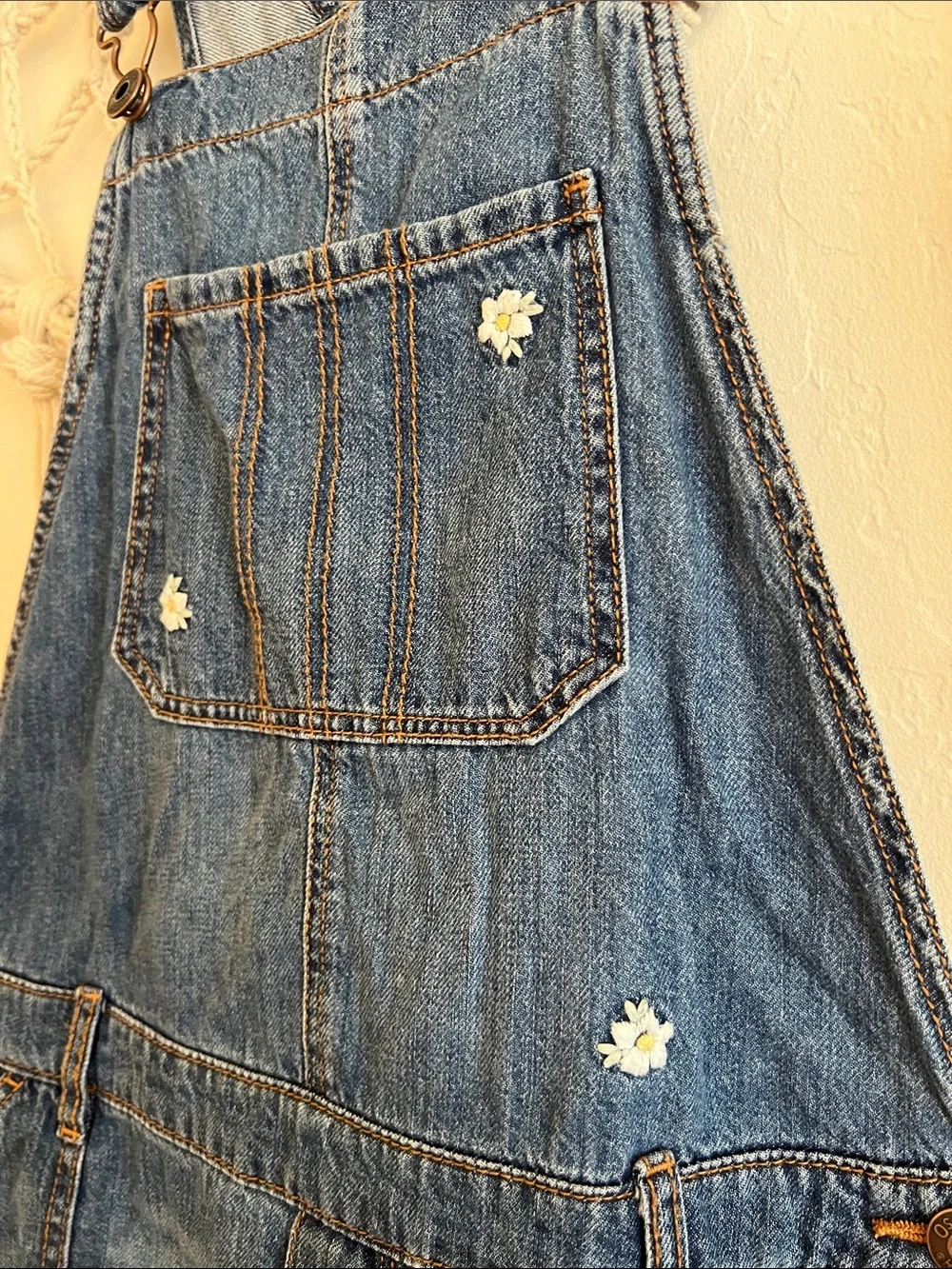 OshKosh B'gosh Blue Denim Overall Dress with White Flower Accents